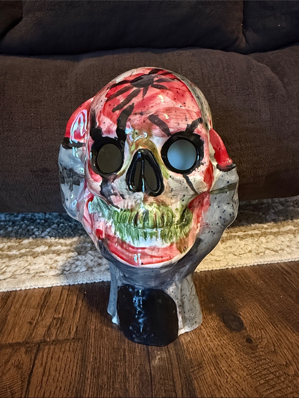 Hand-Painted Ceramic Skull Sculpture - Red, Green & Black Accent